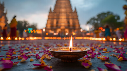 Oil Lamps Glowing in Front of an Ancient Temple | Traditional Spiritual Offering and Sacred Rituals