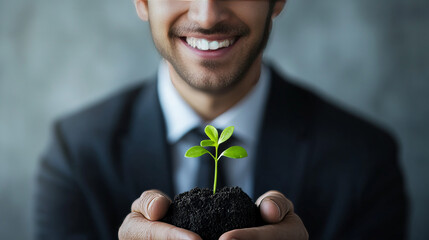 Smiling businessman with a small plant sprout, symbolizing growth and investment.