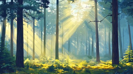 Sticker - Sunbeams Illuminating a Tranquil Forest