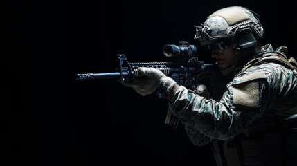 Special forces soldier holding a rifle on a black background. 