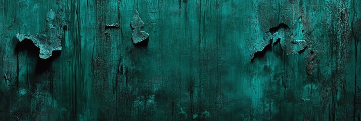 The surface displays aged teal wood featuring peeling paint, creating a unique texture with notable patterns and color variation