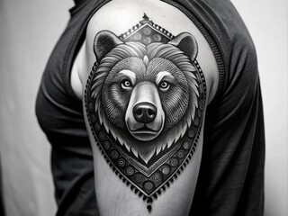 Striking Black Tattoo Of A Stylized Traditional Bear On A Muscular Upper Arm