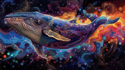 A vibrant cosmic whale swimming through a colorful galaxy, showcasing the beauty of nature and the universe in harmony.