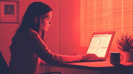 Cartoon young woman sitting at a desk working on her laptop.