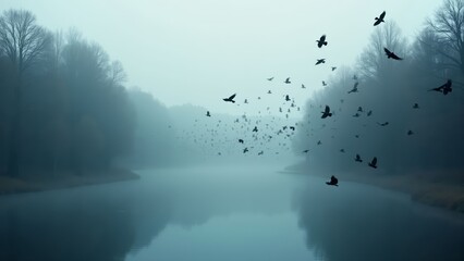 Wall Mural - Misty Morning with Flying Birds