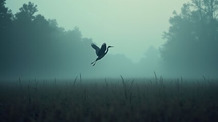 Wall Mural - Majestic Crane in Misty Landscape