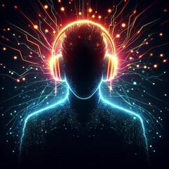 A striking abstract digital art piece featuring a figure wearing headphones, with vibrant light effects emanating from the head. The futuristic and energetic design captures the essence of music and