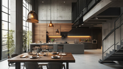 Wall Mural - A modern loft apartment with a kitchen, dining table, and a staircase leading to the second floor in front of it, all made from concrete, wood, or metal materials