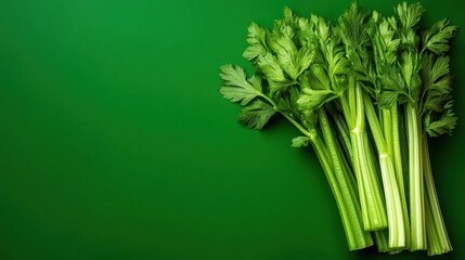 Sticker - A bunch of celery on a green background with some leaves, AI