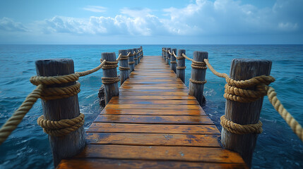 Pier Over the Ocean. A serene wooden pier leading into the ocean, with clear blue skies and calm waters, offering a peaceful escape by the sea.