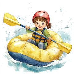 cute kid playing rafting race watercolor clipart