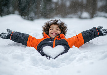 Sticker - A young boy in an orange and black jacket, lying on the snow with his arms outstretched to form a heart shape while making a snow angel