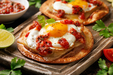 Poster - Huevos Rancheros tostadas with fried egg, tomato salsa, bean paste and cheese on wooden board