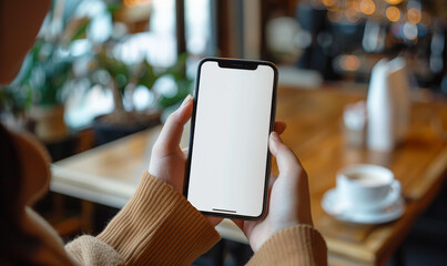 Poster - Woman Using Mobile Phone with Blank Screen at Coffee Shop, Mockup for Mobile App Design, Online Marketing, and Advertising