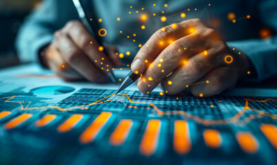 Poster - Diverse Businesspeople Analyzing Global Finance Data and Growth Charts - Stock Image of Business Teamwork and Data Analytics