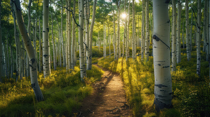 Serene forest path through lush green aspen trees at sunrise