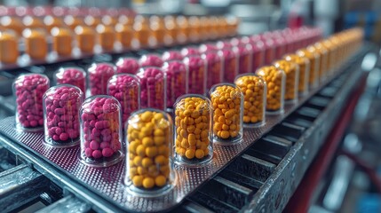 Colorful capsules on a production line in a pharmaceutical facility during daytime manufacturing