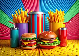 Vibrant, colorful, and playful arrangement of iconic food items like burgers, fries, and soda cans, presented in a stylized and graphic pop art aesthetic.