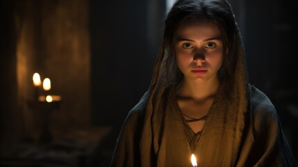 A young woman in a brown cape holds a lit candle in a dark room against the background of several other candles.