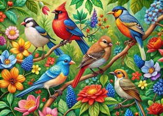 Wall Mural - Vibrant, colorful illustration of various bird species, including robins, blue jays, and cardinals, perched on branches, surrounded by flowers, leaves, and whimsical patterns.