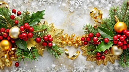 Golden tinsel adorns a festive Christmas border, surrounding intertwined holly and mistletoe with swirling silver ornaments and delicate red berries on a snowy backdrop.