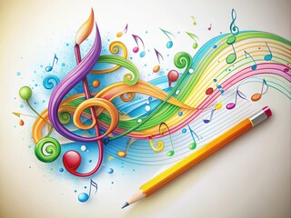 Vibrant colorful music notes and treble clefs swirl around a pencil and sketchbook, blending creativity and harmony in a playful artistic illustration.