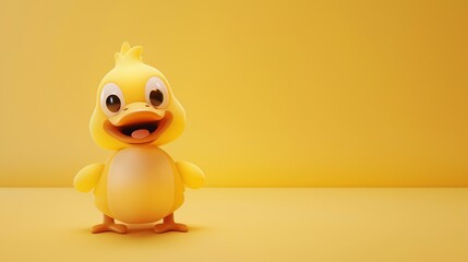 Wall Mural - A cartoon duckling with big eyes and a happy face on a yellow background.