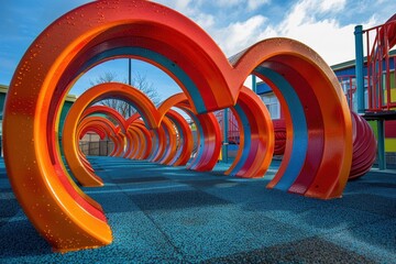 Vibrant playground equipment with colorful arches inviting children to play and explore under a bright blue sky.