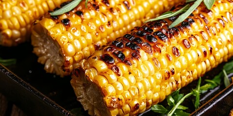 Delicious grilled corn on the cob, perfectly charred and garnished with fresh herbs, served on a rustic wooden table