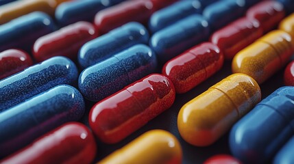 Colorful capsules arranged in rows on a black background, showcasing various sizes and designs