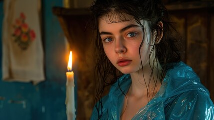 Wall Mural - A young woman with wet hair sits in front of a lit candle.