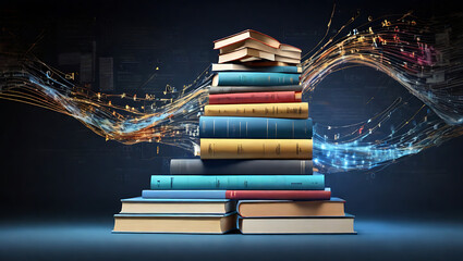 Wall Mural - A futuristic concept of education visualized as a stack of books with digital codes flowing out of them, merging traditional learning with modern technology and innovation