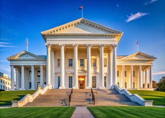 Richmond Virginia's imposing Capitol Building, with its neoclassical columns and golden dome, stands tall and proud against a blue sky.