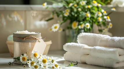 A homemade sugar scrub with a tag, placed on a bathroom counter next to fresh flowers and towels