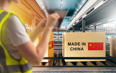 Poster - Made in China. Box on conveyor. Parcel near cropped factory employee. Production of goods in PRC. Made in China logo on box. Fulfillment of Chinese-made goods. Distribution center.