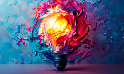 Poster - Vibrant Lightbulb with Colorful Oil Paint Swirls - Conceptual Representation of Creativity and Innovation in Art