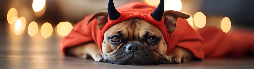 Cute dog wearing red devil costume with horns, lying down on the floor with bokeh lights in the background, Halloween theme

