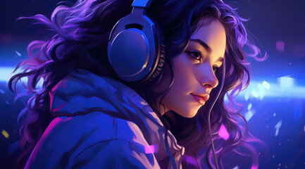 Wall Mural - Young girl with headphones against purple background