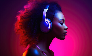 Wall Mural - Young African woman with headphones listening to music