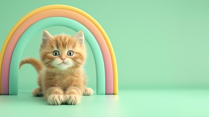 Wall Mural - A cute ginger kitten lying in front of a rainbow arch.