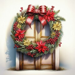 beautiful christmas wreath with red and green decorations hanging on a wooden door, creating a festi