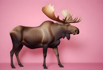 Side view of majestic moose standing against a pink background. The moose has large, impressive antlers