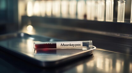 Poster - Test tube labeled 'Moonkeypox' on a metal tray in a lab. Represents viral outbreak and infection prevention.