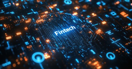 Poster - 3D holographic representation of fintech technology concept with digital elements in blue and orange futuristic cyber background