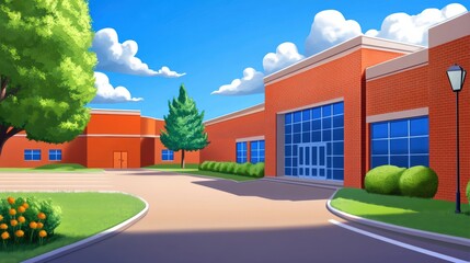 Canvas Print - A cartoon drawing of a large building with trees and bushes, AI