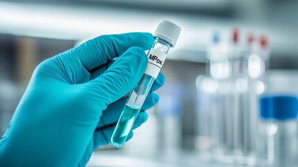 Gloved hand holding a test tube filled with blue liquid labeled 'MPOX' in a lab, representing virus testing and healthcare research for monkeypox.