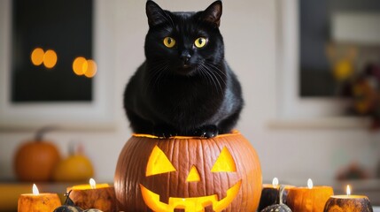 Black Cat Sitting on a Lighted Jack O Lantern Pumpkin for Halloween