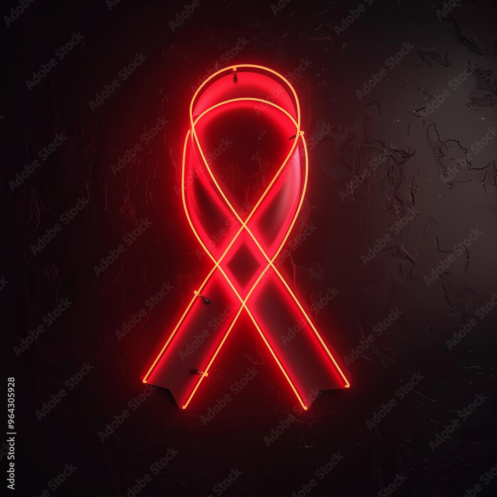 Bright neon sign red ribbon blood cancer aids hiv awareness multiple ...