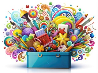 Vibrant toolbox overflowing with colorful icons, swirls, and shapes, surrounding a blank canvas, evoking creativity and inspiring artistic expression, ready for digital design projects.