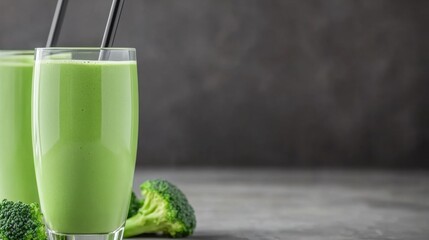 Wall Mural - Two glasses of green smoothie with broccoli on a table, AI